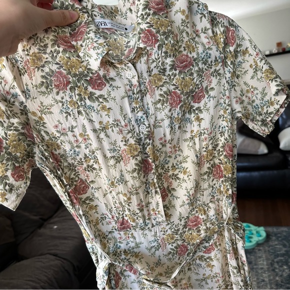 Zara Floral Floral Dress w Fabric Belt | Off-White Green Womans size M - Picture 11 of 15